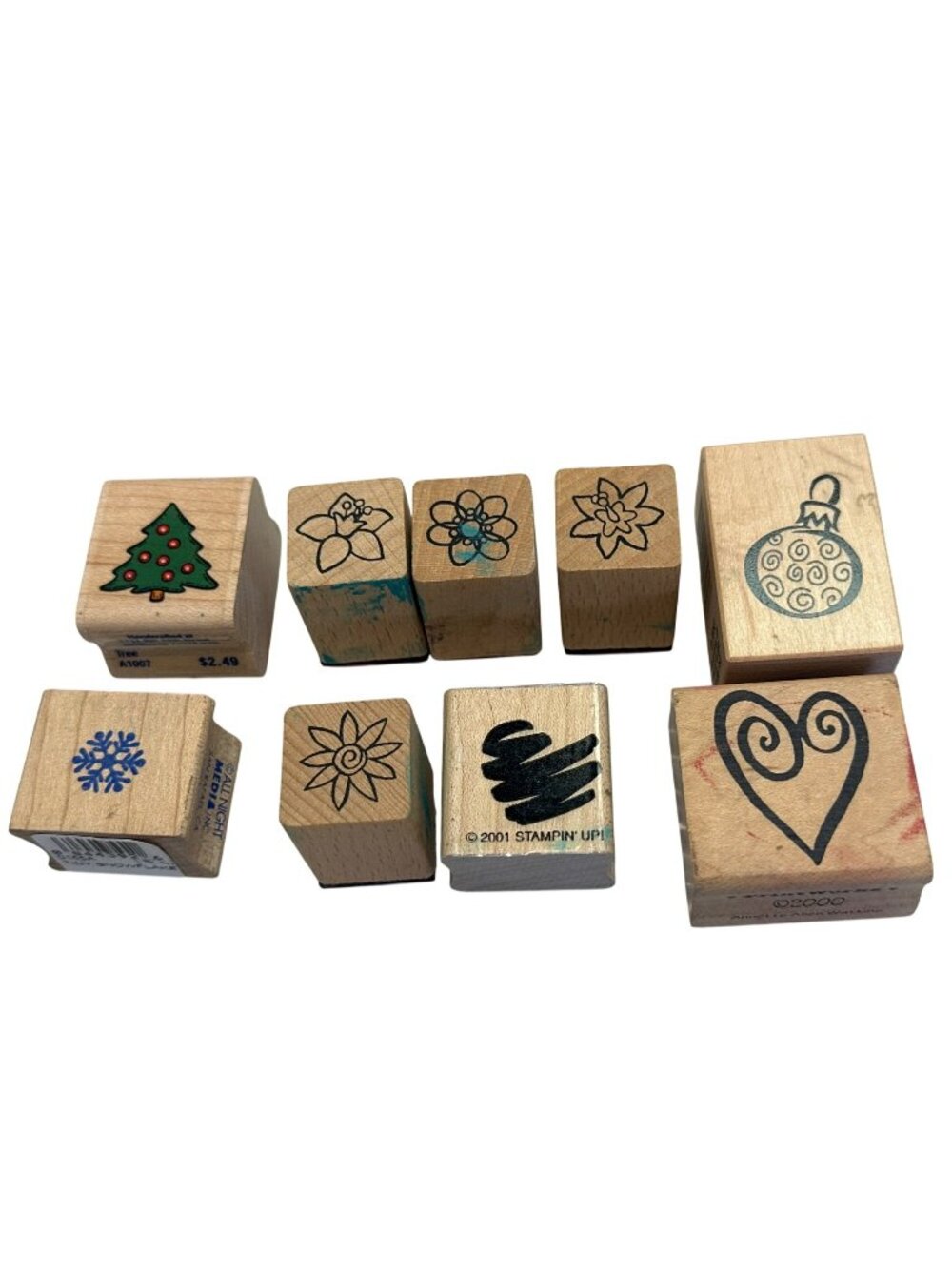 Assorted Wooden Rubber Stamps Christmas & Floral Theme Crafting Set All Night